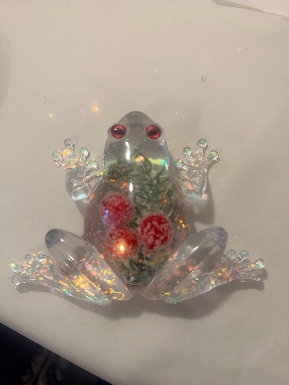 Clear Christmas Frog Figurine with Red Berry Accent